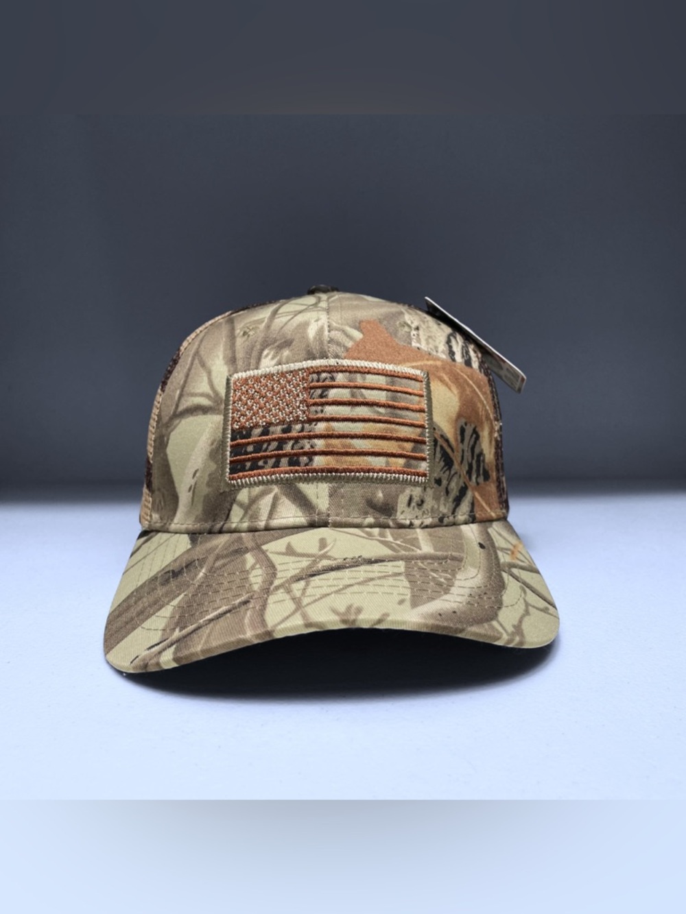 Camouflage USA Flag Embroidered Mesh Cap, Snapback, Tree & Leaf Pattern